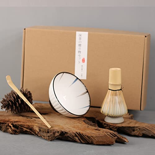 LIUXIN Juego de 5 Unidades de Juegos de Matcha Tradicionales, batidor de Matcha Natural, Cuenco de Matcha cerámico, Soportes para batidor, Juegos de té japoneses, Utensilios para Beber