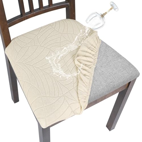 Image of SearchI Waterproof Seat Covers for Dining Room Chairs Stretch Jacquard Chair Seat Covers Set of 4, Removable Washable Kitchen Chair Seat Protector Cushion Slipcovers for Office (Beige Leaf)