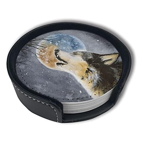 Watercolor Wolf and Moon Leather Drinks Coasters with Holder Set of 6, Suitable for Kinds of Cups Cover