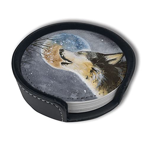 Wasserfarben-Untersetzer mit Wolf und Mond, Leder, mit Halter, 6 Stück, geeignet für Arten von Tassen Cover