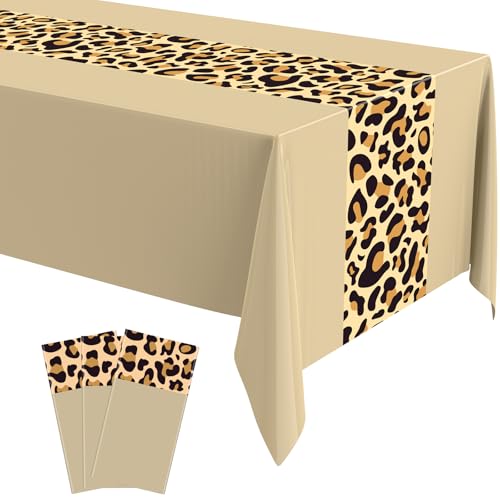 Image of Buryeah Leopard Print Tablecloth 54 x 108'' Leopard Plastic Table Cover Disposable Safari Animal Cheetah Print Party Decorations for Baby Shower Wedding Birthday Party Favors (Khaki,3 Pcs)