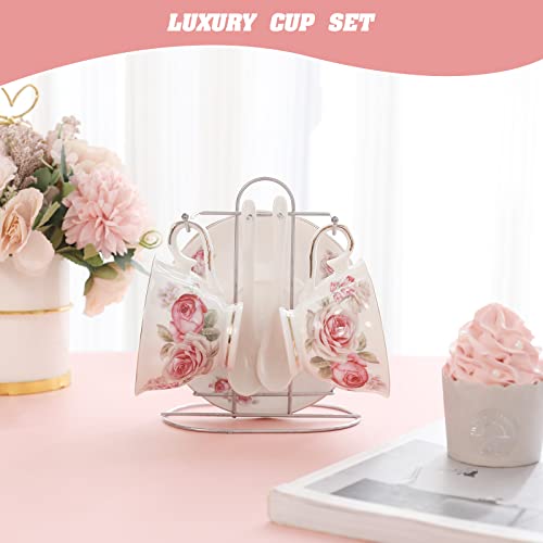 Viktorwan Porcelain Tea Cup And Saucer Coffee Cup Set With Saucer And Spoon , Set Of 7 (2 Tea Cups, 2 Saucers, 2 Spoons, And 1 Bracket) #TOP6