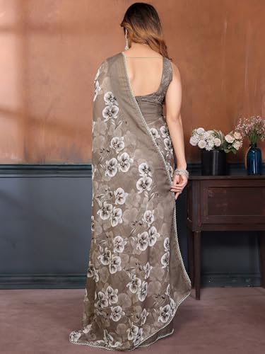 Image of Satrani Women's Georgette Floral Printed Saree with Unstitched Blouse Piece