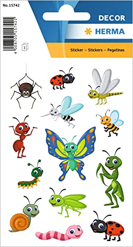 HERMA 15742 Aufkleber Insekten klein, 39 Stück, Tiere Sticker mit Spinne Libelle Raupe Schnecke Marienkäfer Wurm Fliege Motiv, Kinder Etiketten für Fotoalbum Tagebuch Scrapbooking Deko DIY Basteln