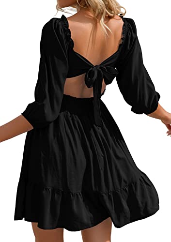 OBBUE Women's Summer Mini Dress - Square Neck Tie Back, Long Lantern Sleeves, Layered Ruffle Hem, Black Green