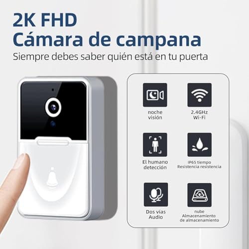 Genérico VideotimbreTimbre Inalámbrico con 2.4GHz WiFi, 1080p HD Vídeo Timbre Puerta Inteligente con Cámara, Visión Nocturna, Audio bidireccional, Instalación Fácil por App Cuenta Propia - imagen 3