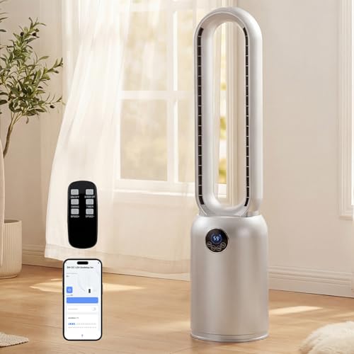 Image of 36 inch Bladeless Tower Fan for Bedroom, Powerful 26ft /s Airflow, 24 Speeds, 90 Oscillation, 12H Timer, Standing Fans with Remote, Quiet Bladeless Cooling Fan for Home Office Room, Light Grey