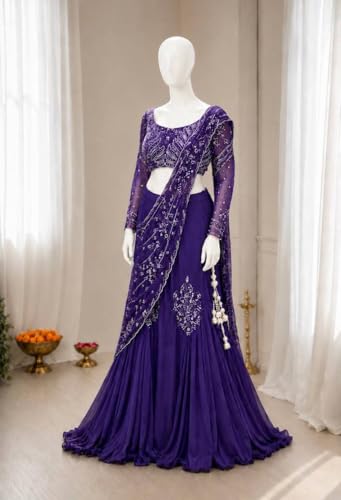 Image of Lehenga choli Womens And Girls Soft Crep Silk Saree With Full-Stitched Blouse With Embroidery Work Wedding navratri party letest