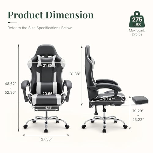 Image of Computer Gaming Chair - Ergonomic High Back PU Leather Video Racing Chair with Adjustable Headrest & Footrest, Linkage Armrest, for Office and Home, White