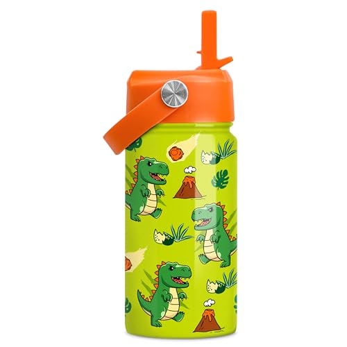 Image of SANDJEST Dinosaur Water Bottle - Water Bottle with Straw Lid for Kids - 12 Oz Insulated Stainless Steel T-Rex Bottles for Kid Boys - Travel Cup for School Sports