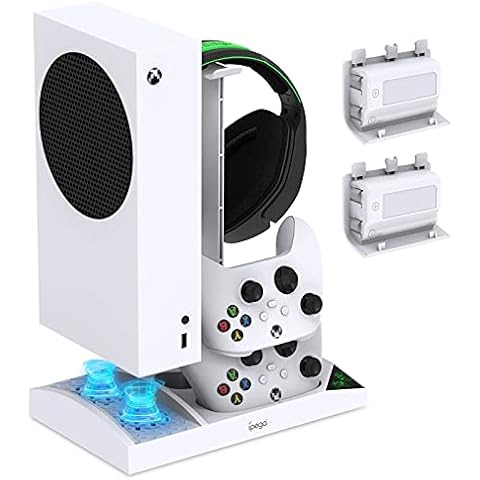 Charger Stand with Cooling Fan for Xbox Series S Console and Controller,Vertical Dual Charging Dock Accessories with 2 x 1400mAh Rechargeable Battery & Cover, Earphone Bracket for Xbox Series S(White) Cover