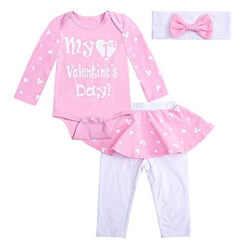 Newborn Infant Baby Girls My First Valentine's Day Skirt Cute Romper Top Pants Clothes Outfit Set (0-3months) Pink