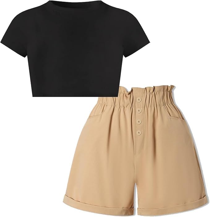 Image of Betusline Girl's 2 Piece Outfits Short Sleeve Fashion Top and Elastic Waist Casual Button Shorts Set