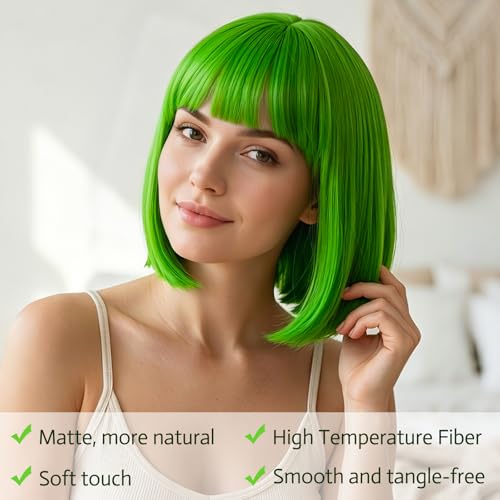 Image of MEEZY Grass Green Bob Wig with Bangs Heart Sunglasses for Women, Neon Colored Bob Hair Funny Party Wig Synthetic Crazy Hair for Woman Man Halloween Costume Cosplay Bachelorette Party Supplies