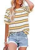 Picture of Dokotoo Womens Summer Tops 2026 Color Block Striped Short Sleeve Shirts for Women Round Neck Basic Tees Business Casual Lightweight Soft Pullover Vacation Going Out Ladies Blouses Yellow Large