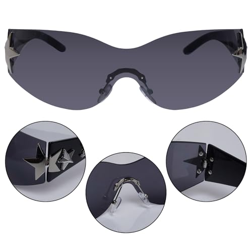 Nydotd 3 Pairs Y2K Sunglasses for Women Men, Rimless Star Trendy Wrap Around Frameless Sun Glasses 2000S Shield for Outdoor3