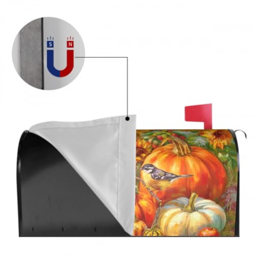 Image of Vintage Fall Mailbox Cover Magnetic 25.5x21 Inch Large Size Rustic Autumn Pumpkins Sunflower Bird Waterproof Mailbox Wrap Post Cover for Thanksgiving Garden Yard Seasonal Decor