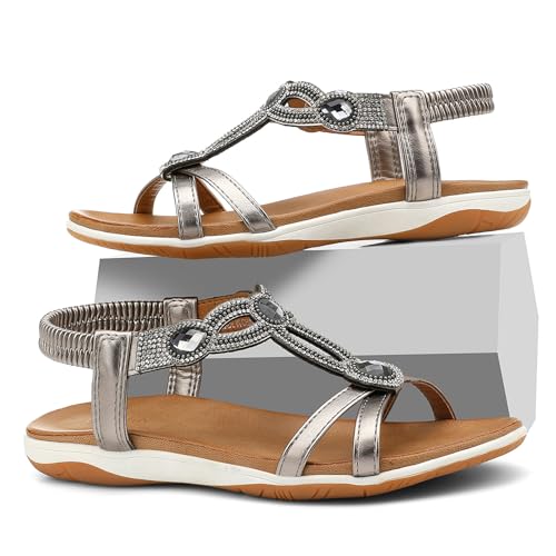 Image of UBFEN Flat Sandals For Women Dressy Arch Support Comfortable Casual Sandal With 2026 Rhinestone Braid Elastic Strap Summer Vacation