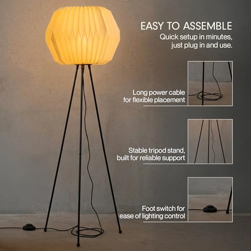 Image of FIG Living Lifo Paper Floor Lamp for Living Room Decoration, Bedroom & Home Decor | 120 cm Tall Lamp | Origami-Inspired Lampshade | Knock-Down Tripod Stand (Bulb not Included)