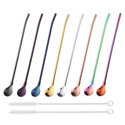 SBOMHS Reusable Straws Spoons 18/8 Stainless Steel 8 Pieces Straw Spoons with 2 Brushes Cocktail Latte Macchiato Spoon 21.5 cm (8 Colours)