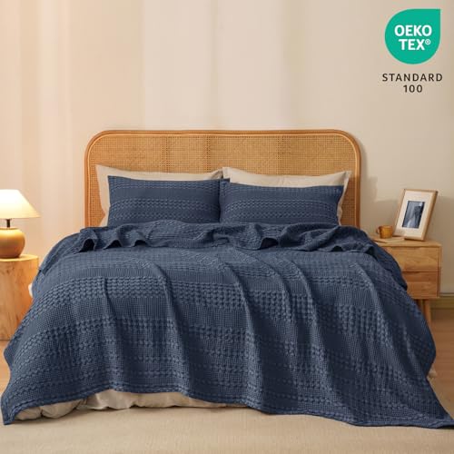 Image of PHF 100% Cotton Waffle Blanket Twin Size for College Dorm, Lightweight Breathable and Soft for Summer, Luxury Aesthetic Waffle Weave Blanket for Bed & Gifts for Women, 66 inchx90 inch, Indigo
