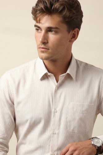 Image of Peter England Men's Regular Fit Full Sleeve Striped Formal Shirt | Cotton Rich | Wonder Fabric | Premium Dobby Weave