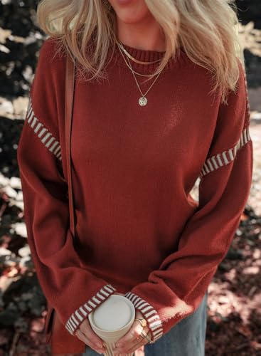 Image of Women's Crewneck Long Sleeve Sweater Casual Fall Contrast Ribbed Knit Pullover Jumper Tops