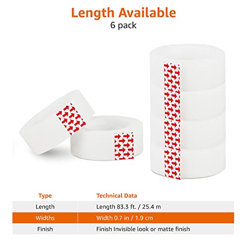 Image of Amazon Basics Matte Finish Tape, 6 Pack, 3 /4 inch Width x 1000 inch (27.8 yds) Length, Translucent