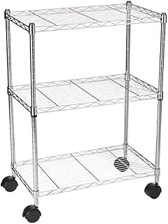 Amazon Basics 3-Shelf Storage Unit on Wheels with Height Adjustable Shelves and Adjustable Levelling Feet - 340kg Max Weight, Chrome