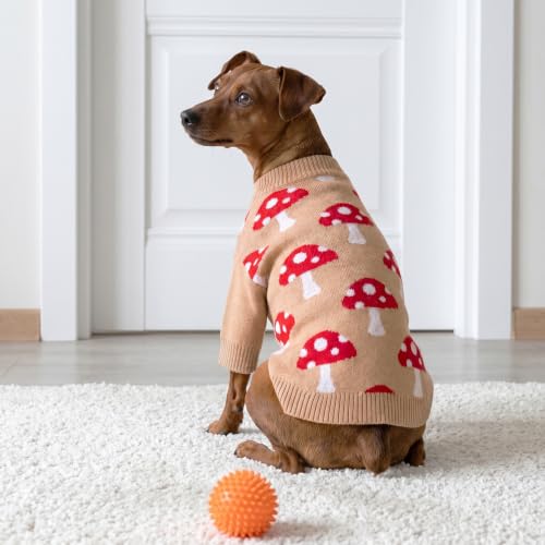 Image of Fitwarm Mushroom Dog Knitted Sweater, Cozy Winter Clothes for Small Dogs Boy Girl, Soft Pet Outfit, Beige, Red, White, Large