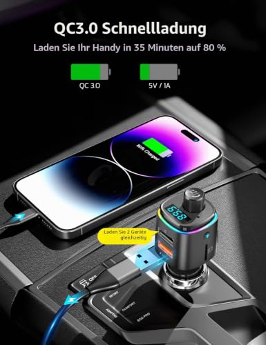 NULAXY FM Transmitter für Auto, Bluetooth V5.0 mit QC3.0 & 7 LED Farblicht, Wireless Radio Adapter...
