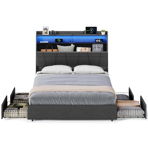 VASAGLE Queen Bed Frame with 51.4 Inch Tall Storage Headboard, Bed Frame Queen Size with 4 Storage Drawers on Wheels, LED Lights, Charging Station, No Box Spring Needed, Modern, Dark Gray UR