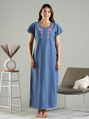 Image of 9shines Label Stylish Denim Cotton Nighty Maxi for Women | Full Length Trendy Nightgown | Premium Nightdress | Nightwear | Embroidery Nighty with Pocket (9SDS)