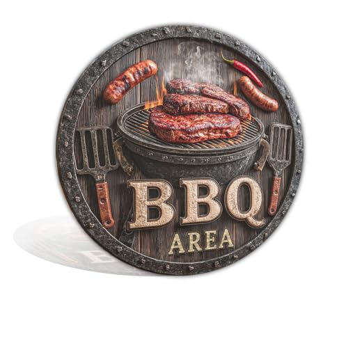 Letrero de metal para zona de barbacoa, diseño de filetes a la parrilla y herramientas, letrero de lata para bar, cafetería, playa, casa, patio, retro, vintage, decoración de barbacoa, 8 x 8 pulgadas
