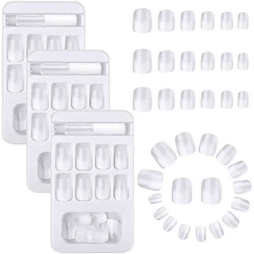 72 Pieces False Nails Gradient Artificial Fake Fingernail Glossy Full Cover Short Ombre Fake Nail Square Nail Tips Kit in 3 Boxes with Nail File Stick for Nail Salon DIY Decoration, White