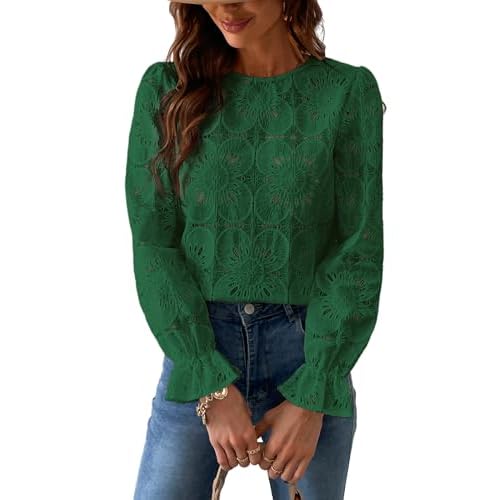CUPSHE Women Eyelet Long Sleeve Tops Shirts Dressy Hollow Out Crochet Lace Embroidered Blouses 2025 Fashion X-Small Mint Green
