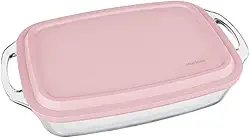 Assadeira Lasanheira Seletta Marinex Seletta Retangular com Alça e Tampa Rosa 3,5L – Vidro Temperado Nadir