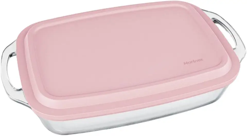 Assadeira Lasanheira Seletta Marinex Seletta Retangular com Alça e Tampa Rosa 3,5L – Vidro Temperado Nadir