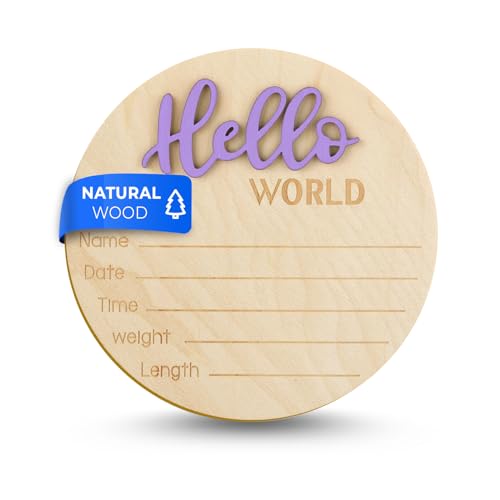 Image of AOLRNALI Wooden Baby Announcement Sign, 5.9 Inch Hello World Newborn Welcome Sign Birth Baby Name Plaques for Photo Props (purple)