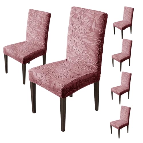Image of House of Quirk Stretchy Universal Camellia Jacquard Waterproof Chair Cover Removable & Washable Short Dining Chair Cover Protector Seat Slipcover (Maroon,Pack of 6)