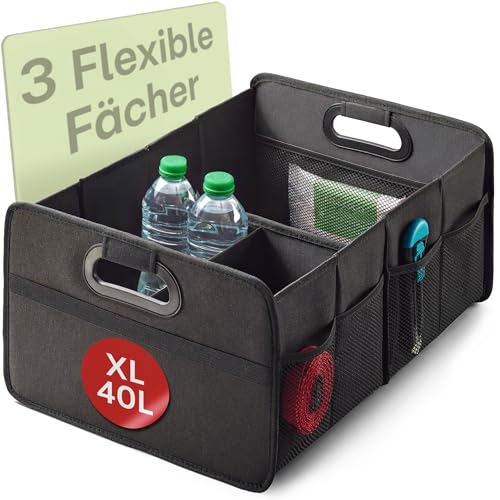 Praknu Kofferraum Organizer Faltbar XL – 3 Flexible Fächer mit 5 Taschen – Rutschfest – Ideale Größe für Ordnung im Auto – Robust & Wasserabweisend aus Oxford Gewebe - Auto Zubehör Innenraum Organizer