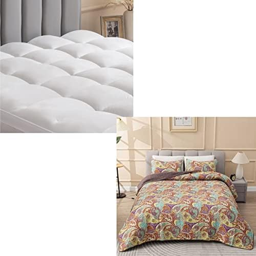 【2 Pack】 Soulgenix King Extra Thick 400TC Cotton Mattress Topper & Soulgenix 3-Piece Paisley Pattern 100% Cotton Lightweight Quilt Set King Size