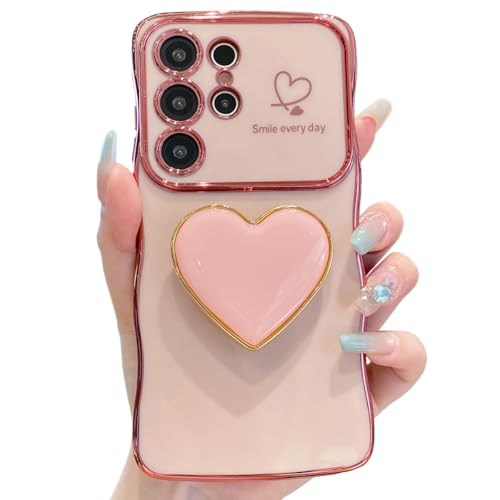 Espumoso Cute Case for Samsung Galaxy S26 Ultra, Pink Plating Love-Heart Kickstand Phone Case Luxury Wave Frame Curly Shape Raised Camera Shockproof TPU Protective Cover with Holder for Women Girls by Espumoso - Used condition - US$8.91