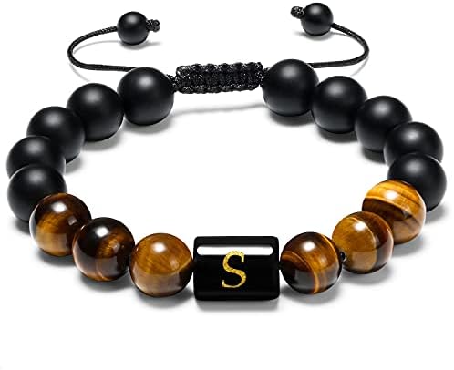 FLTSF.H Initial Bracelets for Men Charms Letter Bracelet for Men 10mm Natural Tiger Eye Black Matte Agate Beads Braided String Bracelet Customize Jewelry Gifts
