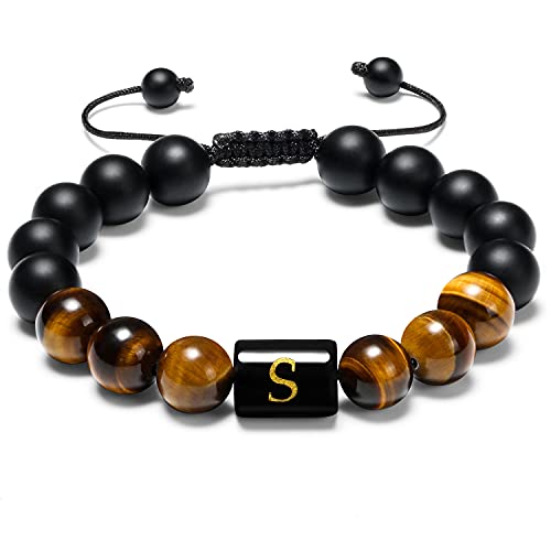 Fltsf.h Initial Bracelets For Men Charms Letter Bracelet For Men 10Mm Natural Tiger Eye Black Matte Agate Beads Braided String Bracelet Customize Jewelry Gifts #TOP3