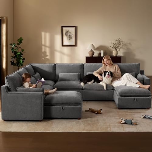 Image of WorthFurni Modern Modular Sectional Sofa,137 inch V Shape Sectional Cloud Couch with Storage Ottoman,Comfty 8 Seat Sofa for Living Room,Grey Chenille