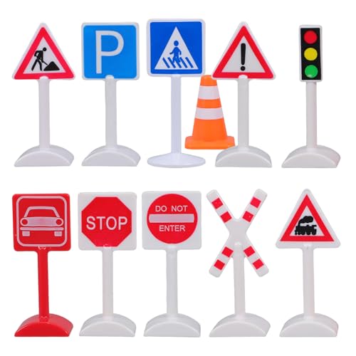 DECHOUS Mini Traffic Signs Toy: 1 Set Mini Model Traffic Street Sign - Stop Sign, Roadblock, Crosswalk Signal, for Kids Simulation Play, Sand Table, Train Tracks - 11 Pieces