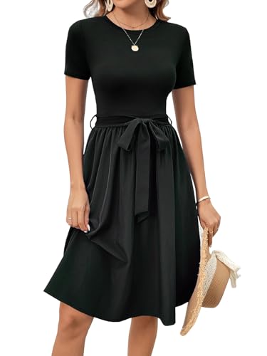 Image of Women's Elegant Vintage Round Neck Short Sleeve Summer Casual Work Party A-Line Dress with Belt 809