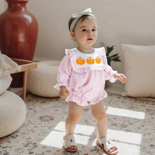 Baby Girl Halloween Thanksgiving Outfit Pumpkin Embroidery Striped Ruffle Long Sleeve Bubble Romper Fall Clothes2