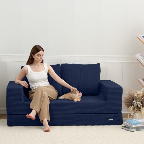 Image of COMAX Futon Sofa Bed, Convertible Sofa Bed, Folding Boneless Couches | Boneless Couch for living room, 4‑in‑1 Fold Out Small Foldable Loveseat Floor Sleeper Mattress Lounge Space‑Saving, Navy